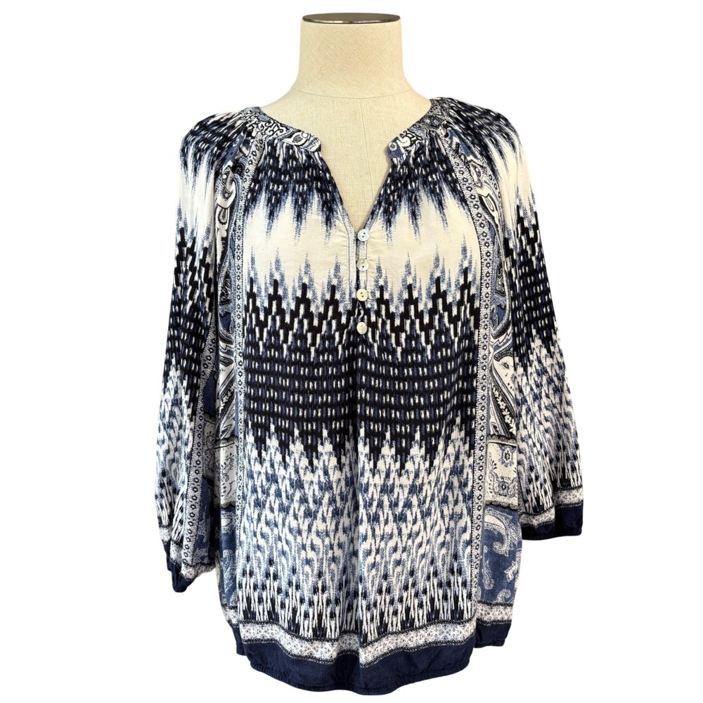 Fig & Flower Women's Rayon Top XL Navy Ivory Boho Paisley Geometric Peasant Ikat
